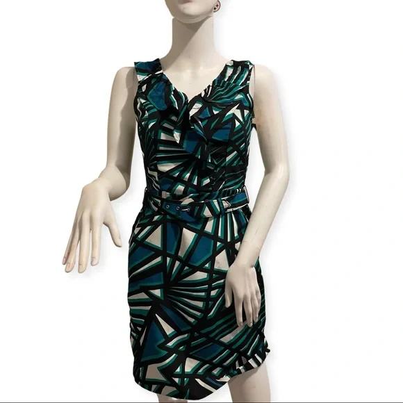Banana Republic Green Blue Geometric Striped Belted Sleeveless Ruffle Dress!